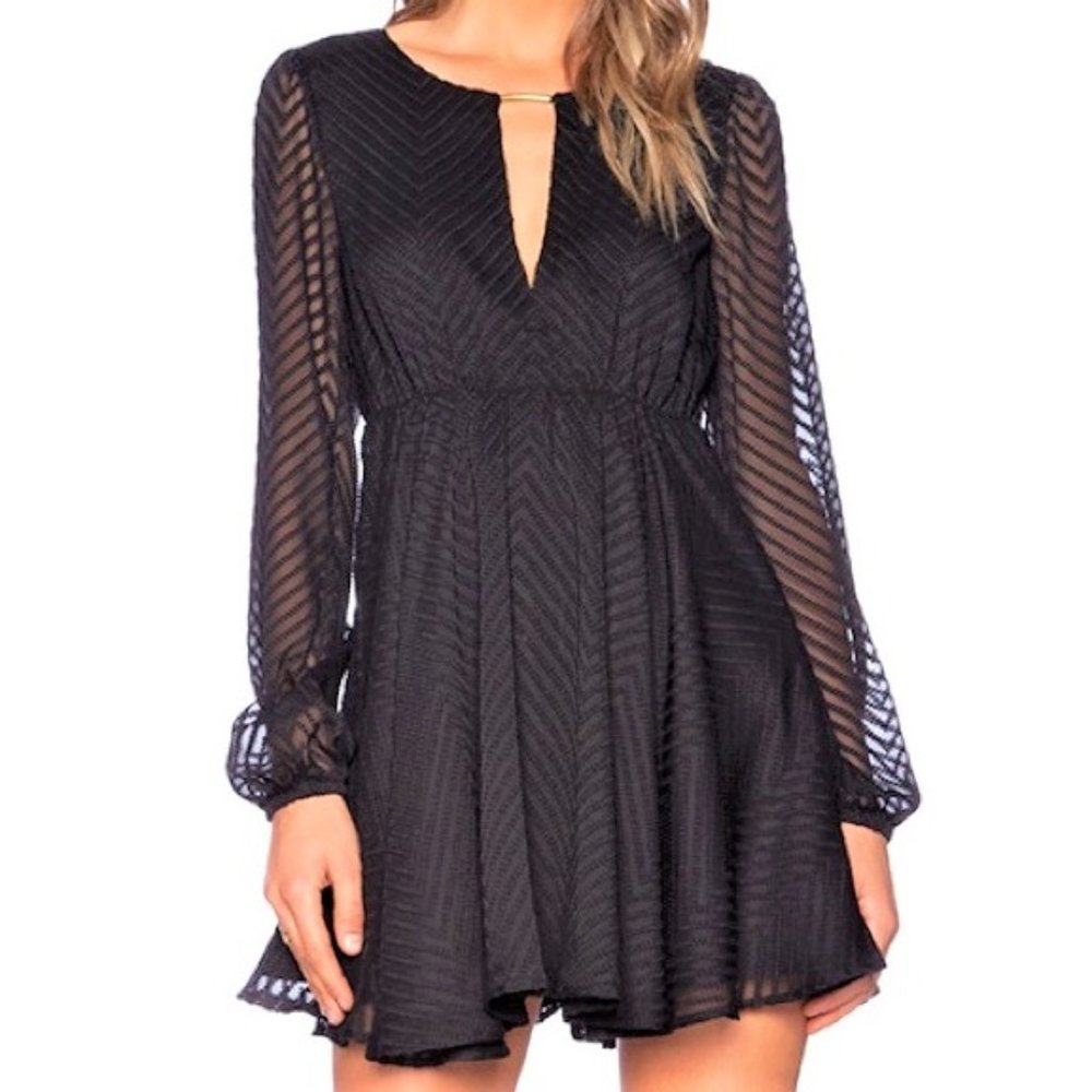 Lovers + Friends Mini Dress Black Chevron SwissDot Keyhole Back LBD Side Zip S